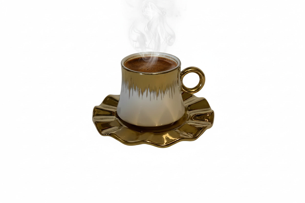 Ceramic Coffee Cup with Saucer - Ombre Gold Trim Flower Shape Black & White