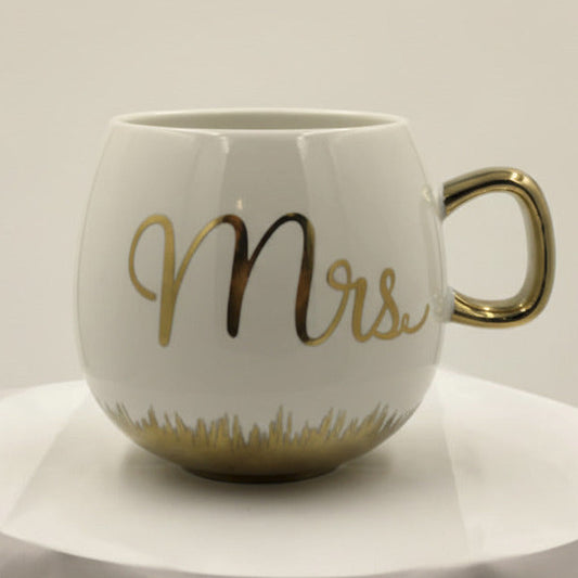 Coffee and Tea Mugs Set - Mr. and Mrs. Ceramic Cups with Gold Trim
