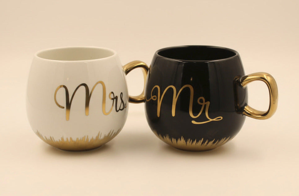Coffee and Tea Mugs Set - Mr. and Mrs. Ceramic Cups with Gold Trim