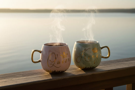Coffee and Tea Mugs Set - King and Queen Ceramic Cups with Gold Crown