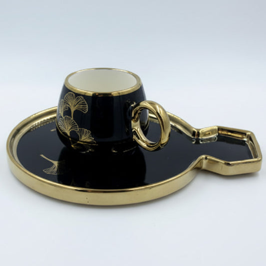 Ceramic Coffee Cups with Saucers Set - Luxurious Ginkgo Leaf Gold Trim Black & White