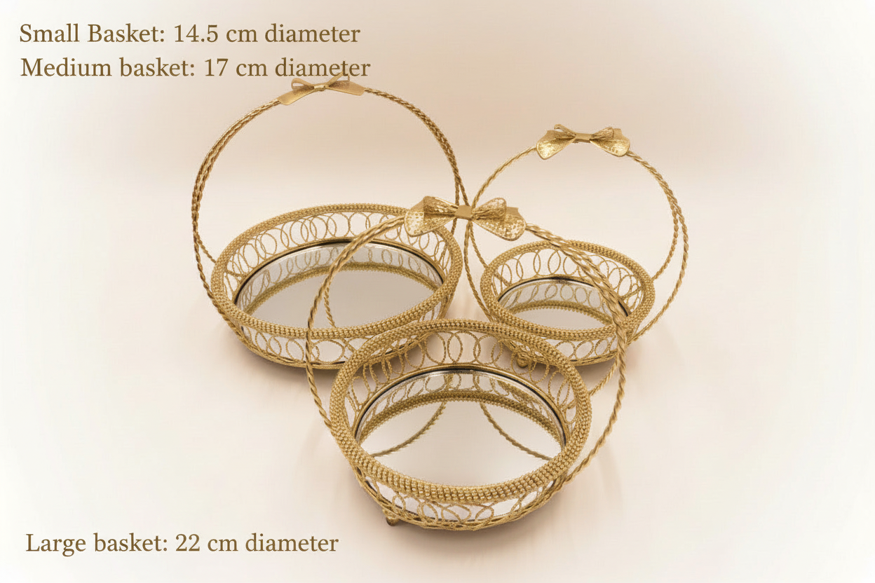 Golden Serving Basket Set - 3-Piece Bonbonniere Tray with Mirror Base