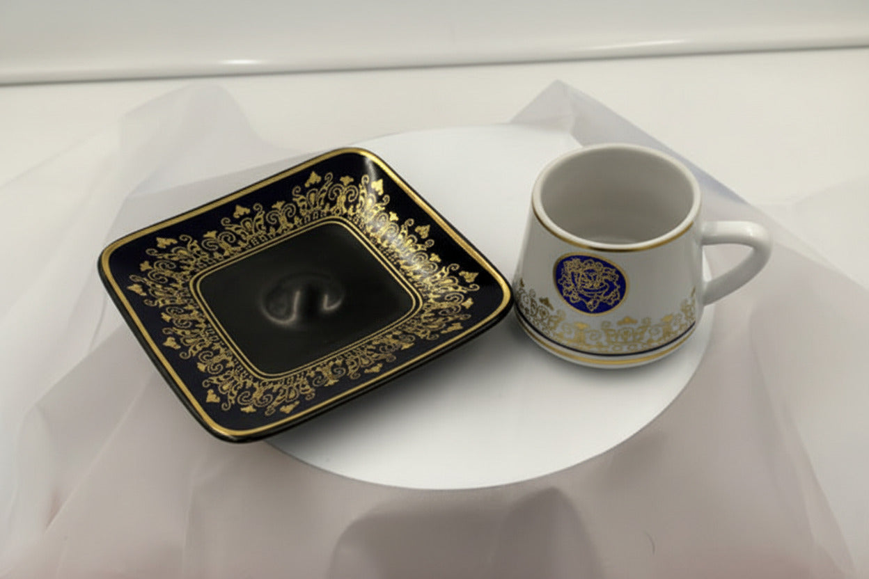 Ottoman Turkish Style Coffee Cups with Saucers - Blue Rose Medallion Gold Trim Set