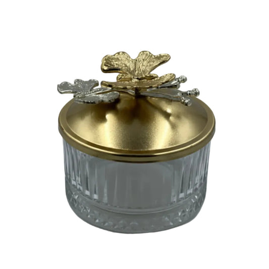 Bonbonniere with Butterfly Lid - Gold & Glass Candy Jar Storage Container