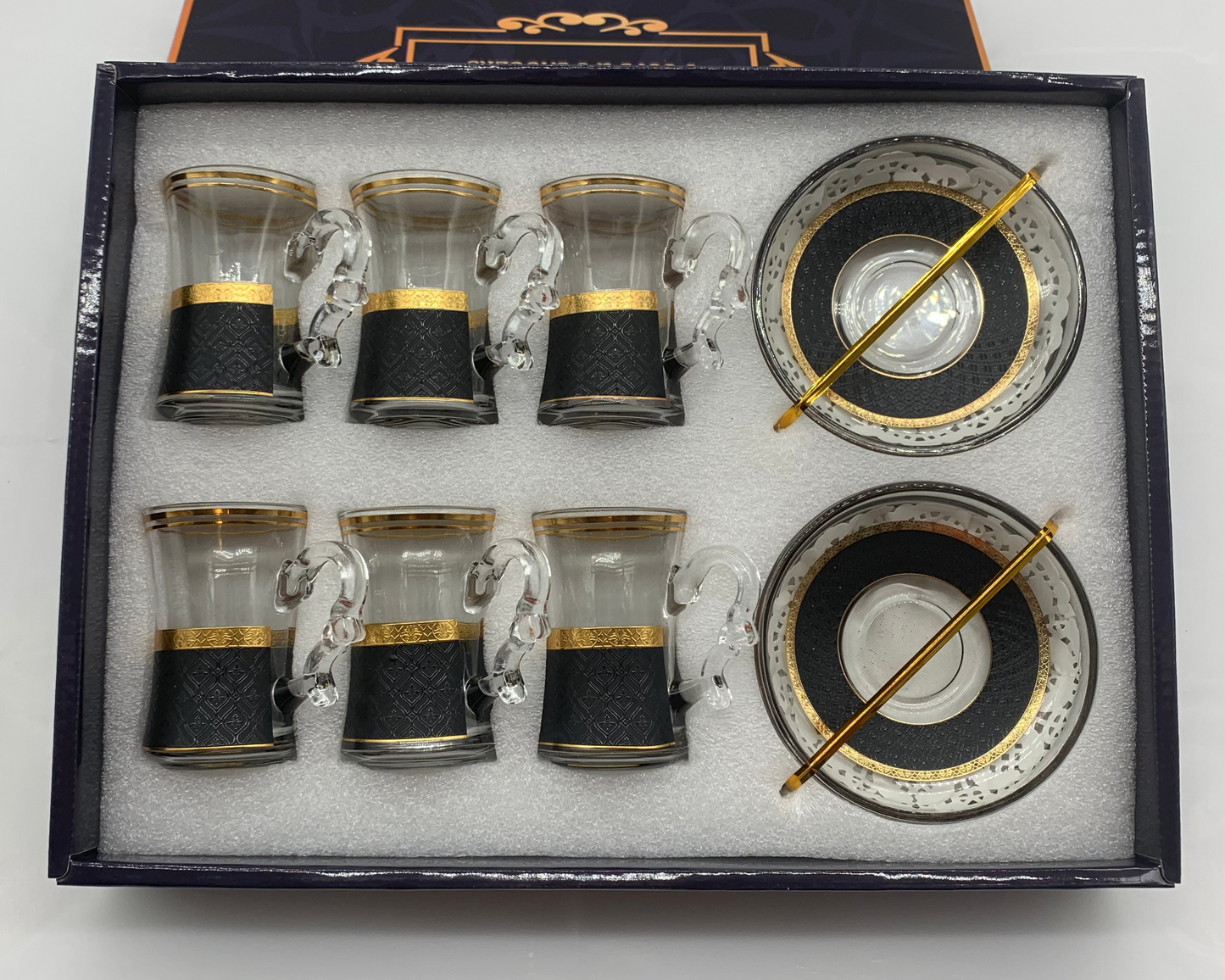 Glass Tea Cup Set - 6 Cups & Saucers with Gold Trim & Spoons