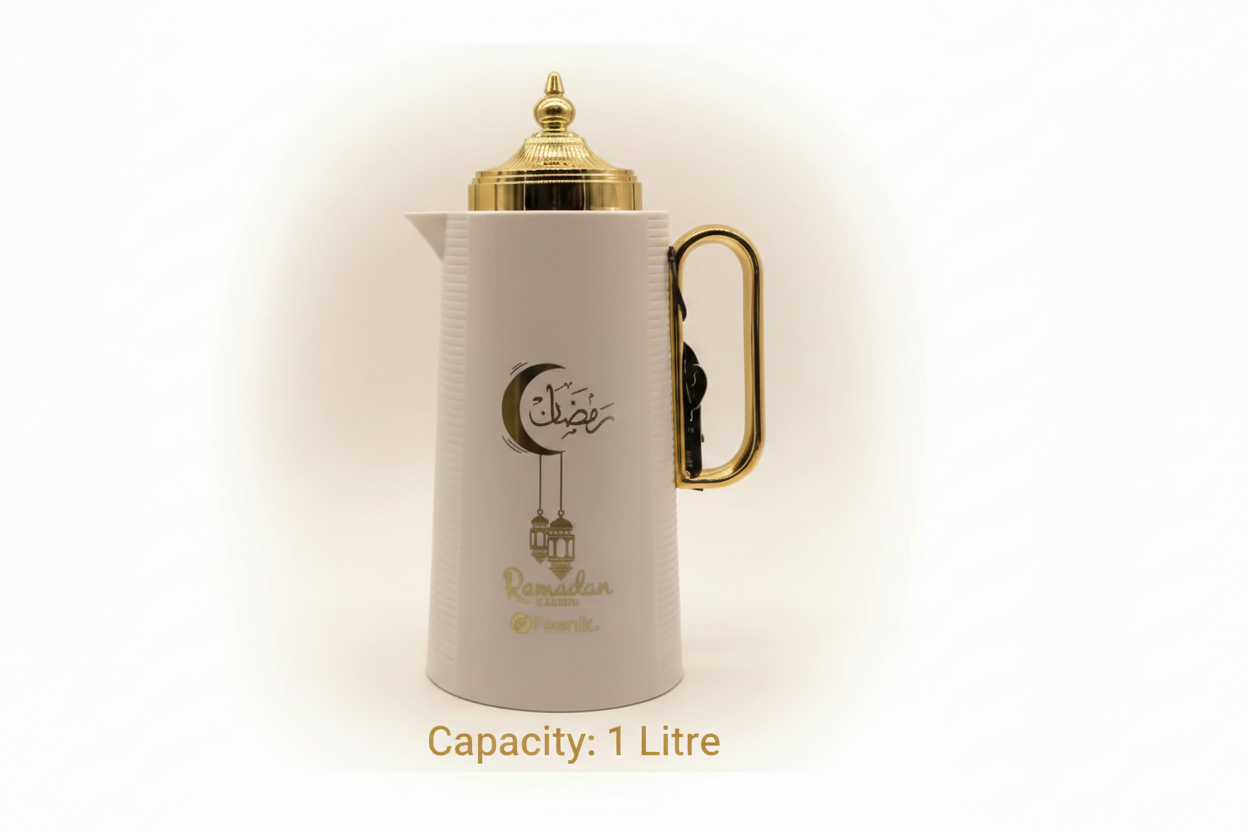 Vacuum Flask 1.0L - Ramadan Kareem White Gold Thermos for Coffee & Tea