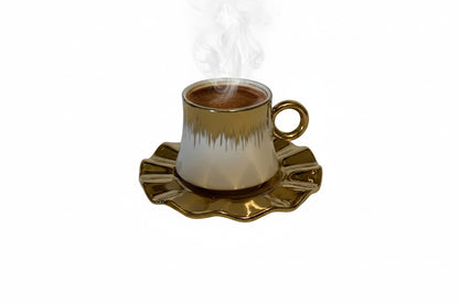 Ceramic Coffee Cup with Saucer - Ombre Gold Trim Flower Shape Black & White