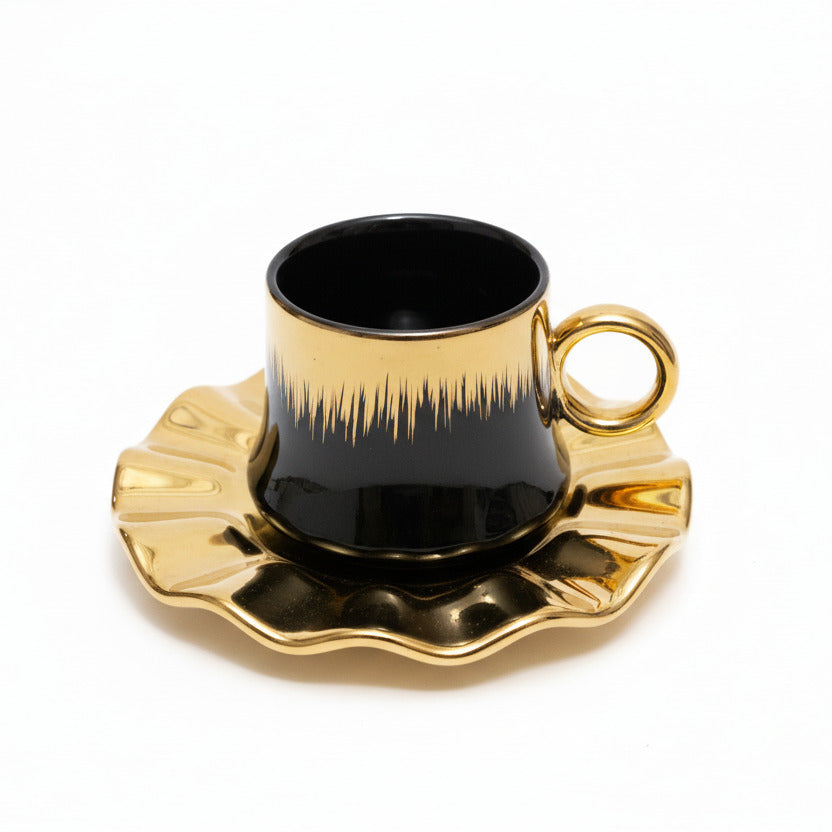 Ceramic Coffee Cup with Saucer - Ombre Gold Trim Flower Shape Black & White