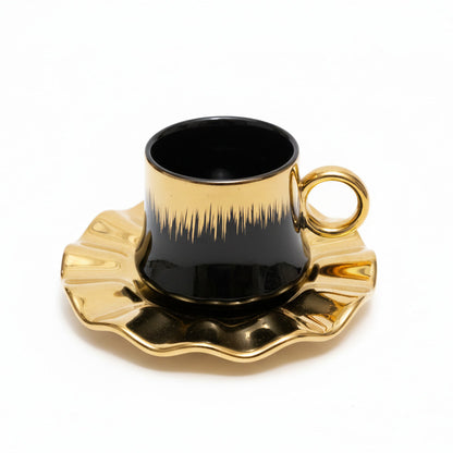 Ceramic Coffee Cup with Saucer - Ombre Gold Trim Flower Shape Black & White