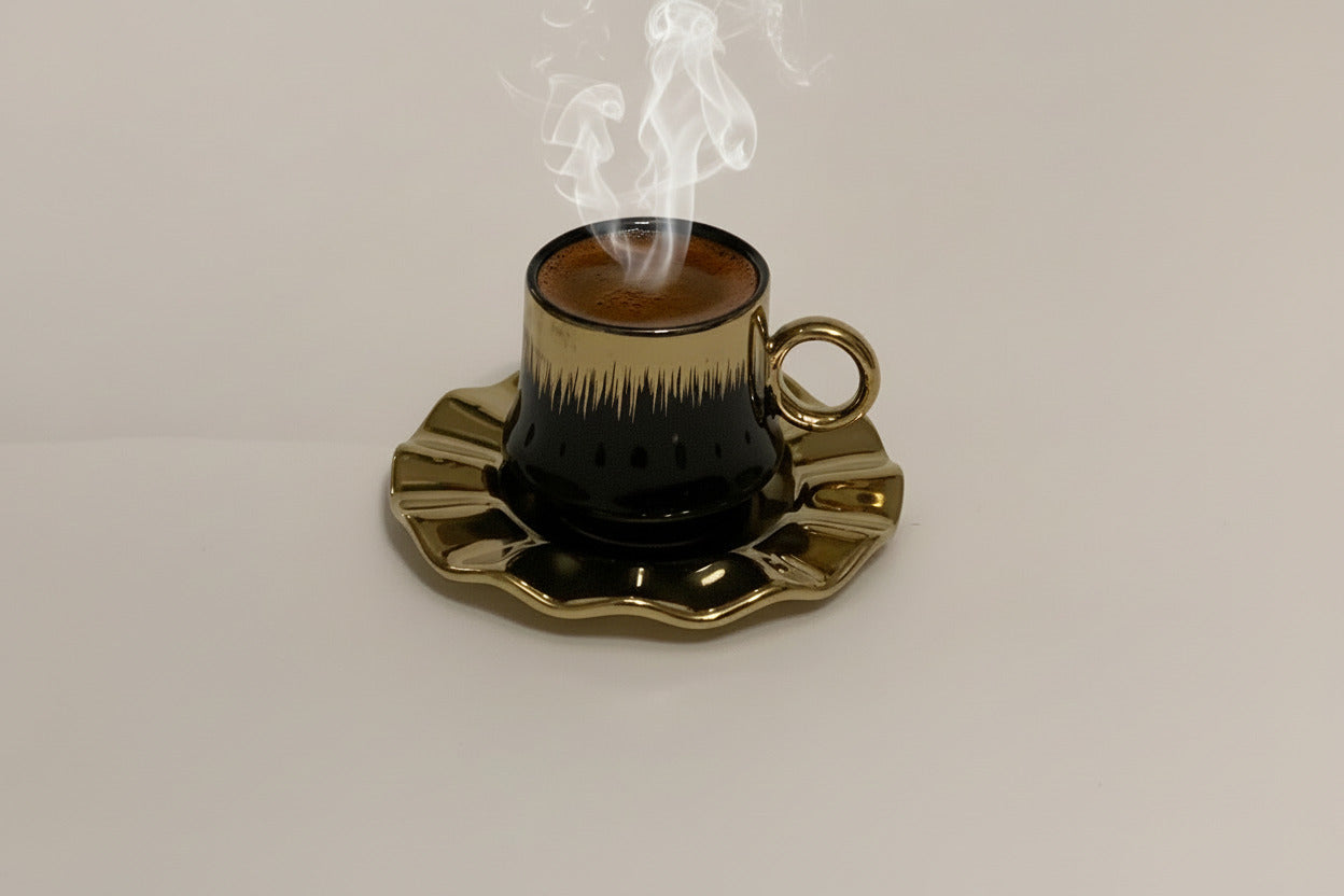 Ceramic Coffee Cup with Saucer - Ombre Gold Trim Flower Shape Black & White