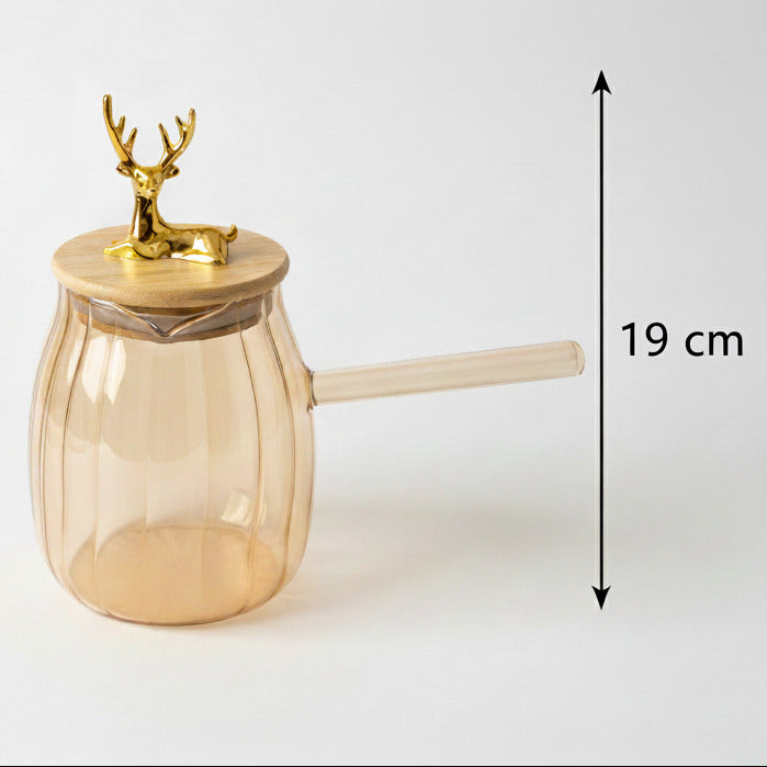 Glass Coffee Kettle - Wooden Lid with Gold Deer & Handle 600ml