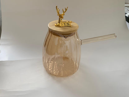 Glass Coffee Kettle - Wooden Lid with Gold Deer & Handle 600ml