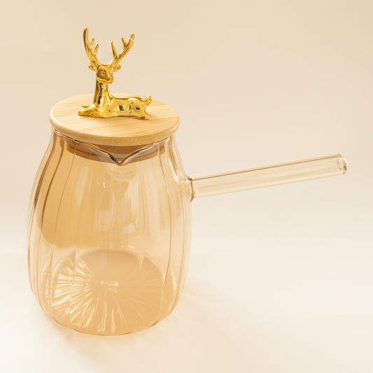 Glass Coffee Kettle - Wooden Lid with Gold Deer & Handle 600ml