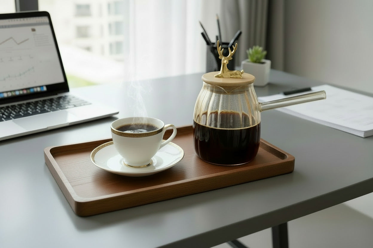 Glass Coffee Kettle - Wooden Lid with Gold Deer & Handle 600ml