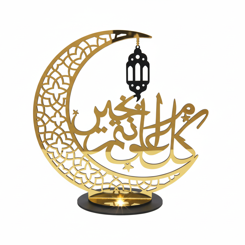 Ramadan Décor - Wooden Crescent Moon with LED Lantern & Calligraphy 59x20x59cm