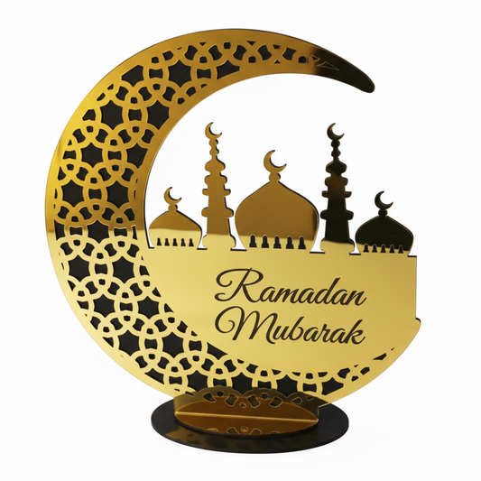 Ramadan Décor - Wooden Crescent Moon Ramadan Mubarak with Mosque 59x20x59cm