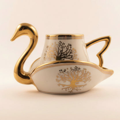 Swan Shaped Ceramic Coffee Cups with Saucers Set - Turkish European Style Gold Trim