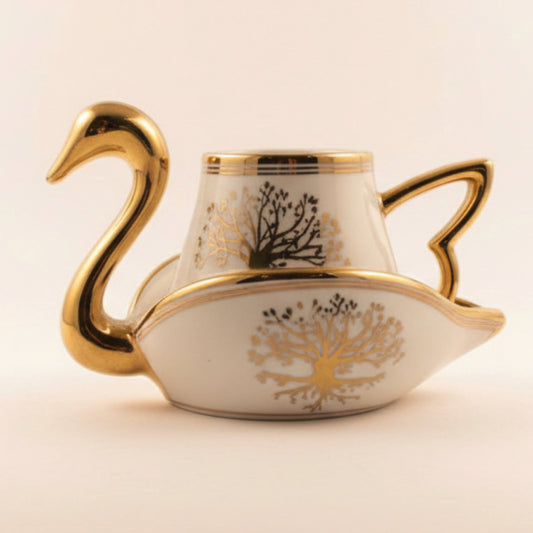 Swan Shaped Ceramic Coffee Cups with Saucers Set - Turkish European Style Gold Trim