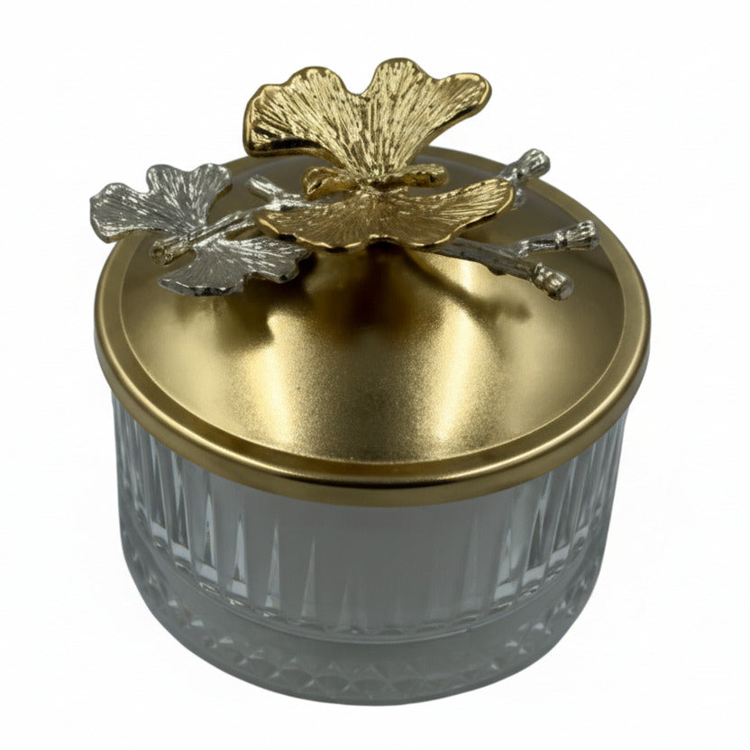 Bonbonniere with Butterfly Lid - Gold & Glass Candy Jar Storage Container