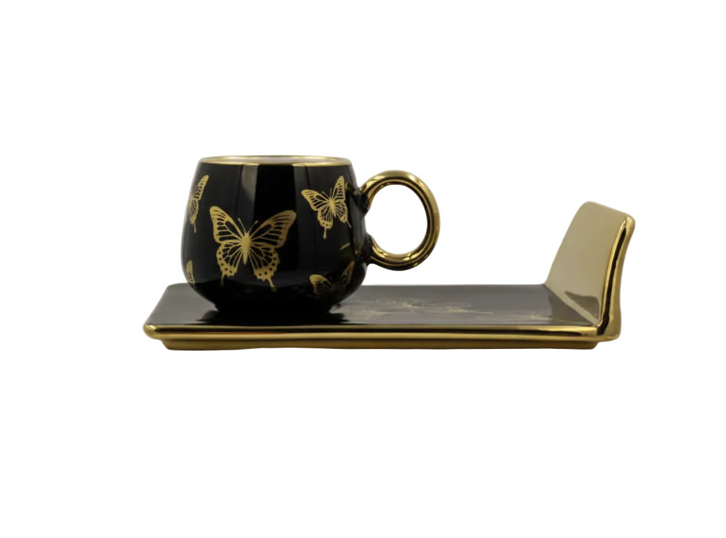 Ceramic Coffee Cups with Saucers Set - Turkish Style Gold Trim Ginkgo Leaf Design