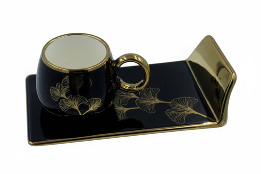 Ceramic Coffee Cups with Saucers Set - Turkish Style Gold Trim Ginkgo Leaf Design