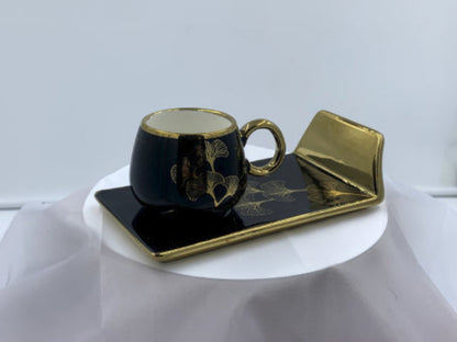 Ceramic Coffee Cups with Saucers Set - Turkish Style Gold Trim Ginkgo Leaf Design