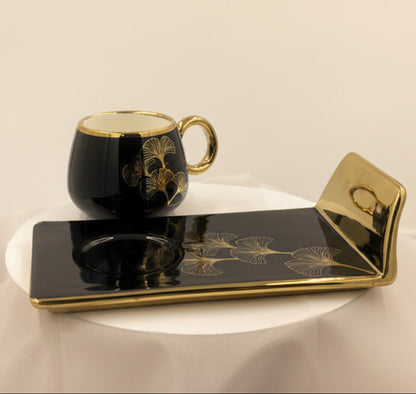 Ceramic Coffee Cups with Saucers Set - Turkish Style Gold Trim Ginkgo Leaf Design