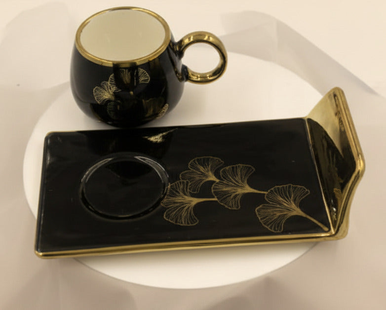 Ceramic Coffee Cups with Saucers Set - Turkish Style Gold Trim Ginkgo Leaf Design