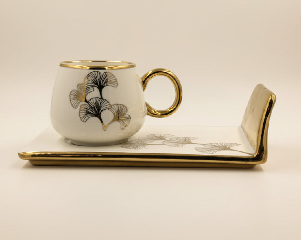 Ceramic Coffee Cups with Saucers Set - Turkish Style Gold Trim Ginkgo Leaf Design