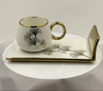 Ceramic Coffee Cups with Saucers Set - Turkish Style Gold Trim Ginkgo Leaf Design