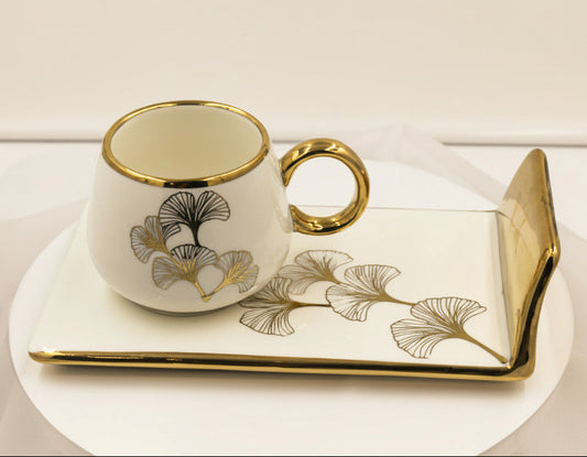 Ceramic Coffee Cups with Saucers Set - Turkish Style Gold Trim Ginkgo Leaf Design