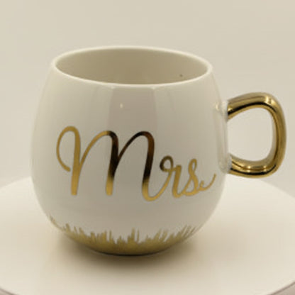 Coffee and Tea Mugs Set - Mr. and Mrs. Ceramic Cups with Gold Trim