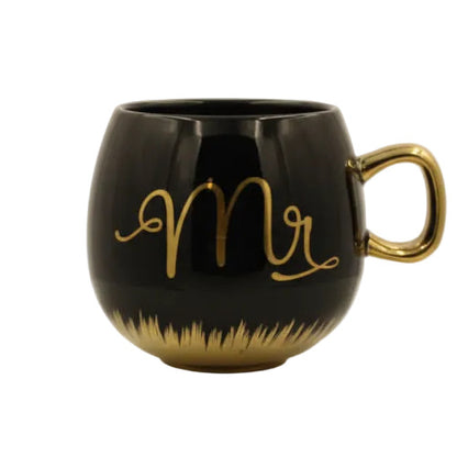 Coffee and Tea Mugs Set - Mr. and Mrs. Ceramic Cups with Gold Trim