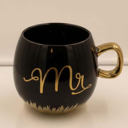 Coffee and Tea Mugs Set - Mr. and Mrs. Ceramic Cups with Gold Trim