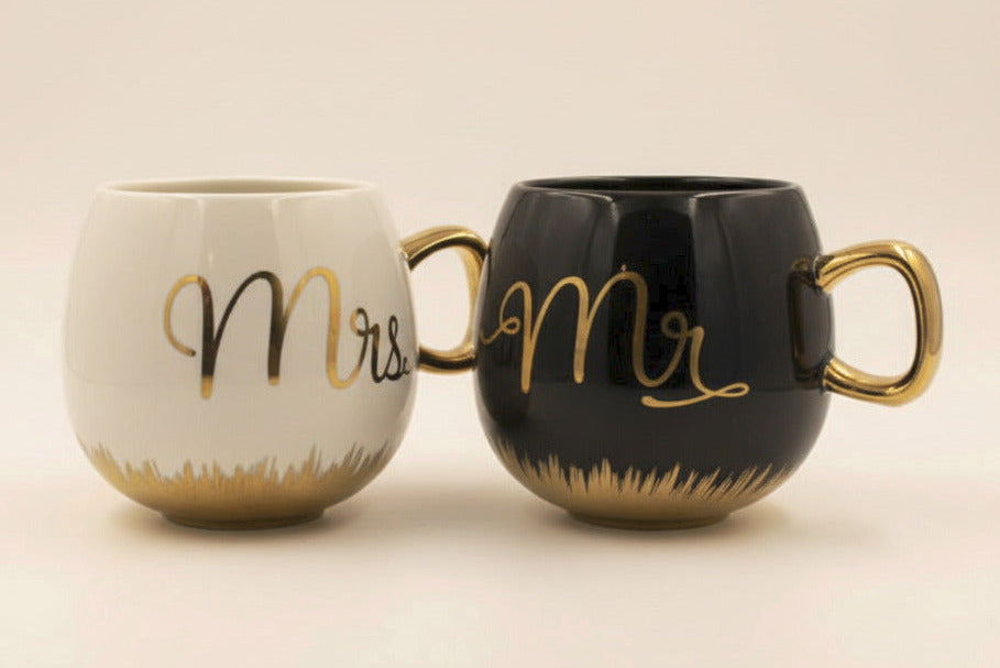 Coffee and Tea Mugs Set - Mr. and Mrs. Ceramic Cups with Gold Trim