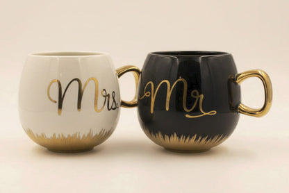 Coffee and Tea Mugs Set - Mr. and Mrs. Ceramic Cups with Gold Trim