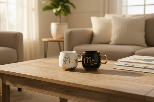 Coffee and Tea Mugs Set - Mr. and Mrs. Ceramic Cups with Gold Trim