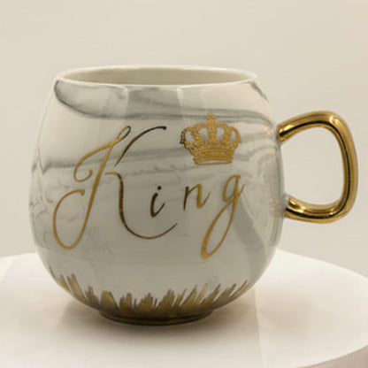 Coffee and Tea Mugs Set - King and Queen Ceramic Cups with Gold Crown