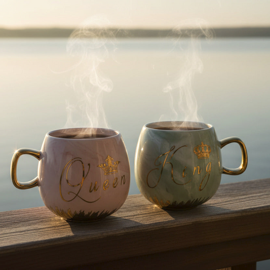 Coffee and Tea Mugs Set - King and Queen Ceramic Cups with Gold Crown