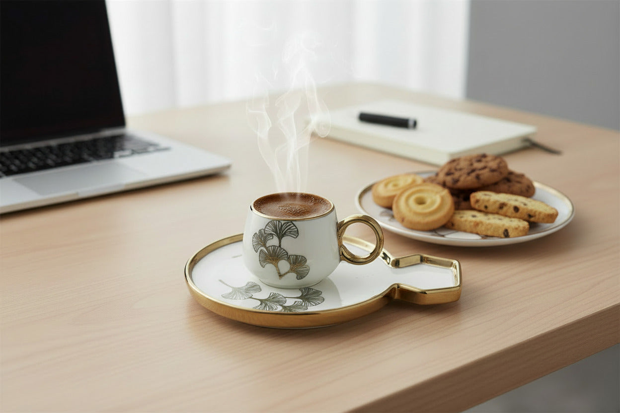 Ceramic Coffee Cups with Saucers Set - Luxurious Ginkgo Leaf Gold Trim Black & White