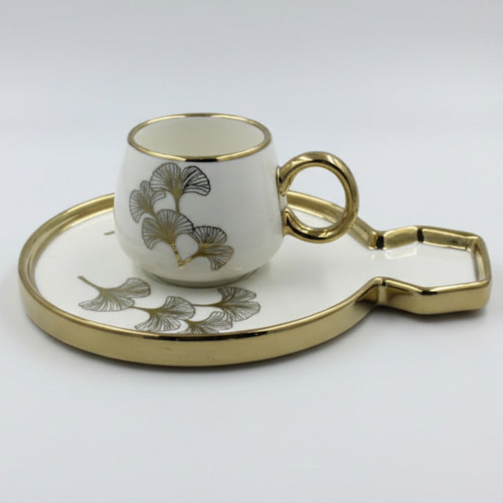 Ceramic Coffee Cups with Saucers Set - Luxurious Ginkgo Leaf Gold Trim Black & White