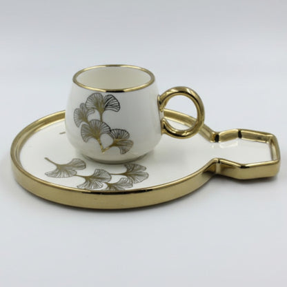 Ceramic Coffee Cups with Saucers Set - Luxurious Ginkgo Leaf Gold Trim Black & White