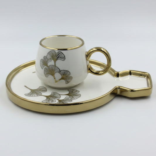 Ceramic Coffee Cups with Saucers Set - Luxurious Ginkgo Leaf Gold Trim Black & White