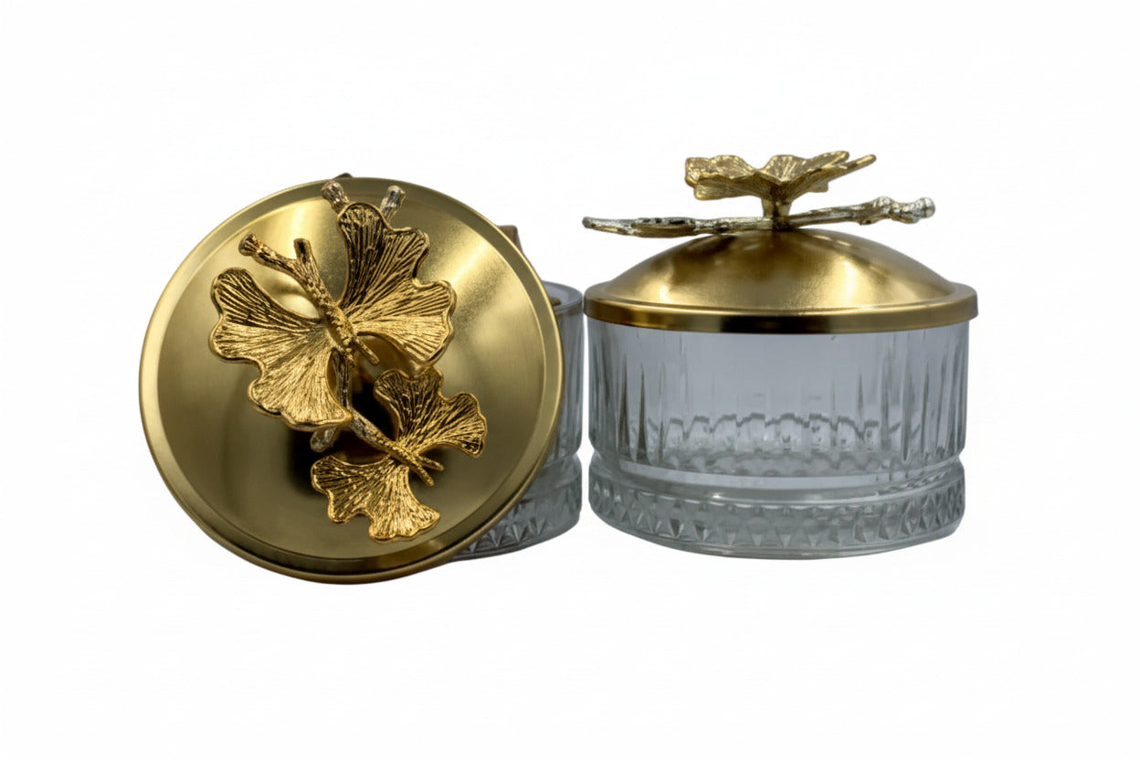 Bonbonniere with Butterfly Lid - Gold & Glass Candy Jar Storage Container