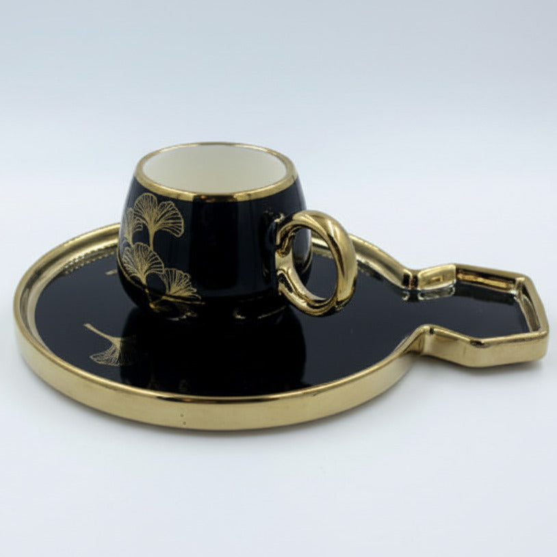 Ceramic Coffee Cups with Saucers Set - Luxurious Ginkgo Leaf Gold Trim Black & White
