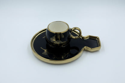 Ceramic Coffee Cups with Saucers Set - Luxurious Ginkgo Leaf Gold Trim Black & White
