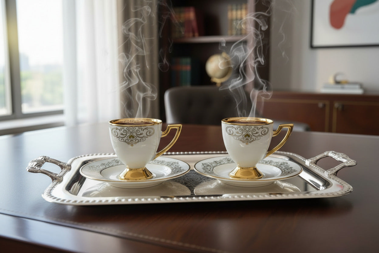 Ottoman Turkish Style Coffee Cups with Saucers - Gold Trim Ceramic Set Black & White