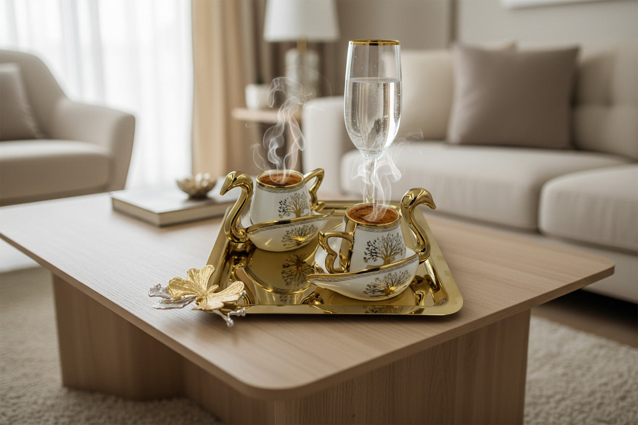 Square Golden Coffee Tray - Metal Serving Platter with Butterfly Accent
