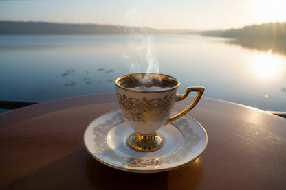 Ottoman Turkish Style Coffee Cups with Saucers - Gold Trim Ceramic Set Black & White