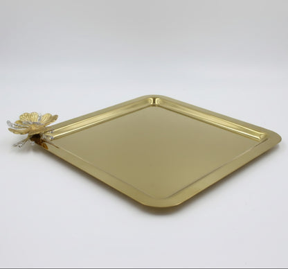 Square Golden Coffee Tray - Metal Serving Platter with Butterfly Accent